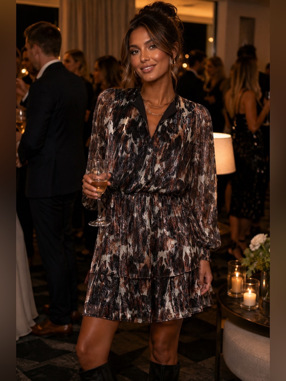 EVEREVE Sutton Abstract Print Long-Sleeve Tiered Mini Dress - Brown/Black M
